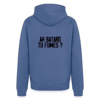 Oh Bastard, rauchst du? - Unisex Premium Bio Zip Hoodie - Taubenblau - Hinten - Nico (187cm)