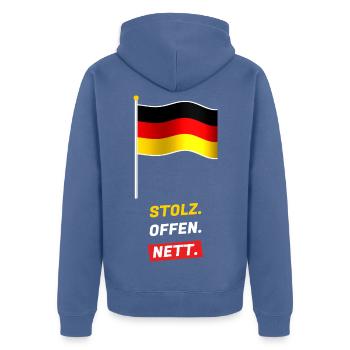 Stolz. Offen. Nett. - Fahne Schwarz Rot Gold - Unisex Premium Bio Zip Hoodie - Taubenblau - Hinten - Nico (187cm)