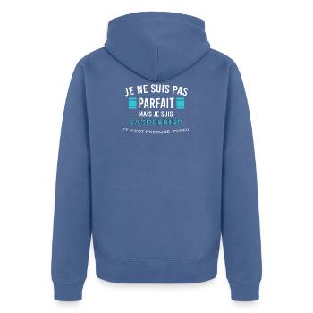 je ne suis pas parfait CARROSSIER - Veste à capuche bio Premium Unisexe - bleu pigeon - Dos - Nico (187cm)
