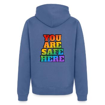 LGBT Safe Space Hier bist du sicher - Unisex Premium Bio Zip Hoodie - Taubenblau - Hinten - Nico (187cm)