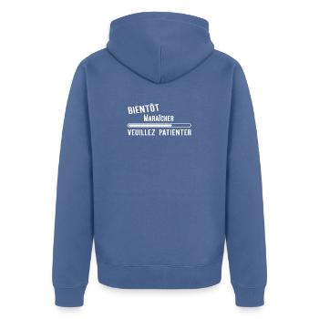 Bientôt Maraîcher cadeau noël - Veste à capuche bio Premium Unisexe - bleu pigeon - Dos - Nico (187cm)