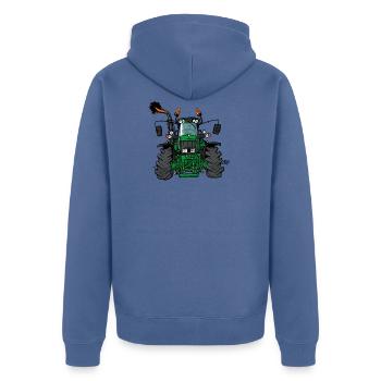 0175 Green tractor - Unisex Premium Organic Zip Hoodie - stone blue - Back - Nico (187cm)