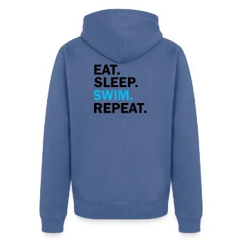 Eat Sleep Swim Repeat - Unisex Premium Bio Zip Hoodie - Taubenblau - Hinten - Nico (187cm)