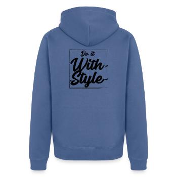 Tun Sie es mit Stil - Unisex Premium Bio Zip Hoodie - Taubenblau - Hinten - Nico (187cm)