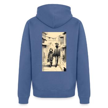 Croquis à l’encre de rue père et fille - Veste à capuche bio Premium Unisexe - bleu pigeon - Dos - Nico (187cm)
