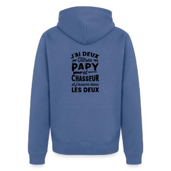 Papy & Chasseur Humour Chasse Retraité Rigolo Sang - Unisex Premium Organic Zip Hoodie - stone blue - Back - Nico (187cm)