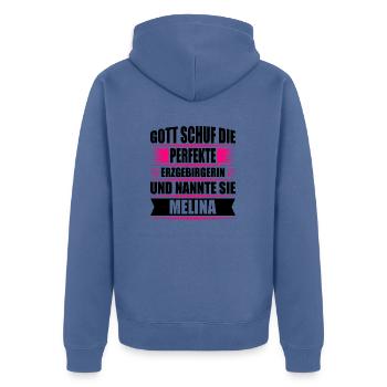 Erzgebirge Frau Namen Sachsen Melina - Unisex Premium Bio Zip Hoodie - Taubenblau - Hinten - Nico (187cm)