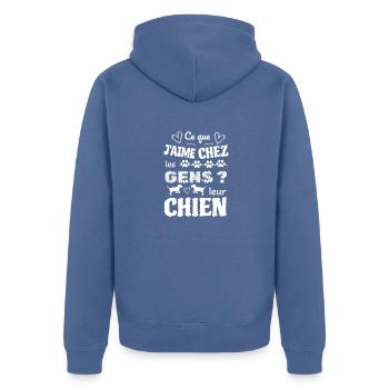 Ce que j'aime chez les gens ? leur chien - Veste à capuche bio Premium Unisexe - bleu pigeon - Dos - Nico (187cm)