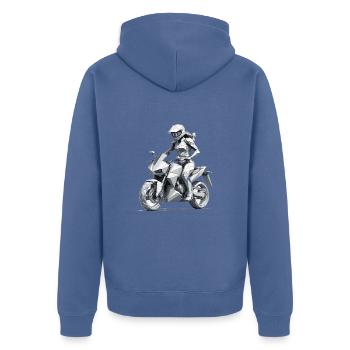 Motarde fille - Conception de moto - Veste à capuche bio Premium Unisexe - bleu pigeon - Dos - Nico (187cm)