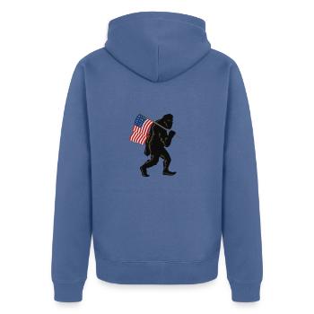 Bigfoot und amerikanische Flagge - Unisex Premium Bio Zip Hoodie - Taubenblau - Hinten - Nico (187cm)