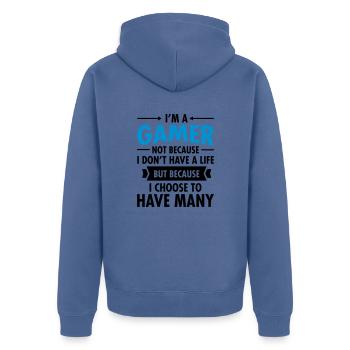 Geek I'm A Gamer Many Lives - Unisex Premium Bio Zip Hoodie - Taubenblau - Hinten - Nico (187cm)