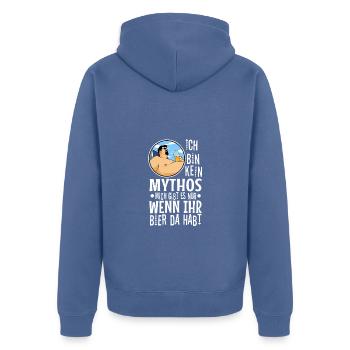 Kein Mythos mich gibt es nur wenn ihr Bier da habt - Unisex Premium Bio Zip Hoodie - Taubenblau - Hinten - Nico (187cm)