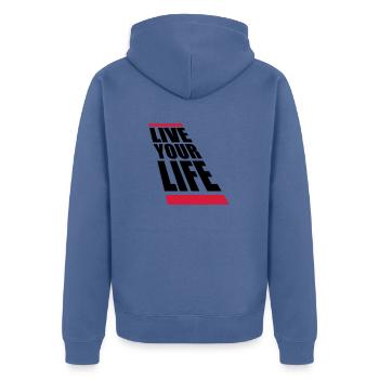Live Your Life - Unisex Premium Organic Zip Hoodie - stone blue - Back - Nico (187cm)