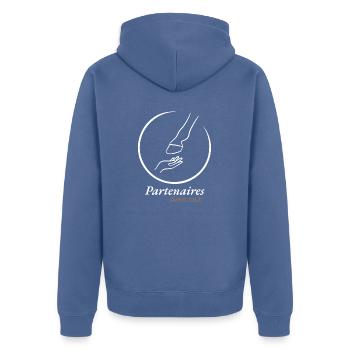 Hand & Huf - Partner zuerst (weiß) - Unisex Premium Bio Zip Hoodie - Taubenblau - Hinten - Nico (187cm)