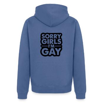 sorry girls I'm gay - Unisex Premium Organic Zip Hoodie - stone blue - Back - Nico (187cm)