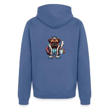 Bulldogge in Pyjama und Schal mit Kaffeetasse - Unisex Premium Bio Zip Hoodie - Taubenblau - Hinten - Nico (187cm)