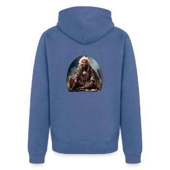 Chef indien avec coiffe de plumes - Veste à capuche bio Premium Unisexe - bleu pigeon - Dos - Nico (187cm)
