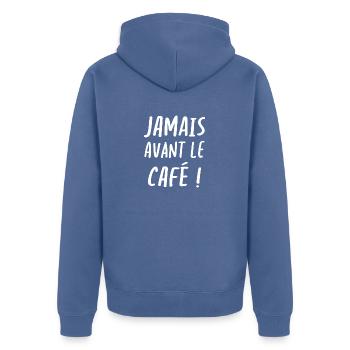 Jamais avant le café - Veste à capuche bio Premium Unisexe - bleu pigeon - Dos - Nico (187cm)