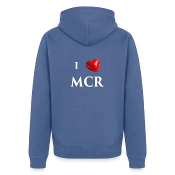 I Love Manchester - White Text - Unisex Premium Organic Zip Hoodie - stone blue - Back - Nico (187cm)