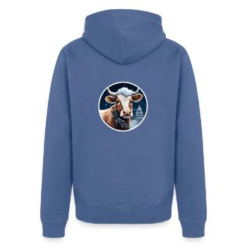Kuh in Winterlandschaft - Unisex Premium Bio Zip Hoodie - Taubenblau - Hinten - Nico (187cm)