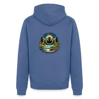 Ruhige Natur und Cannabisszene - "High on Nature" - Unisex Premium Bio Zip Hoodie - Taubenblau - Hinten - Nico (187cm)
