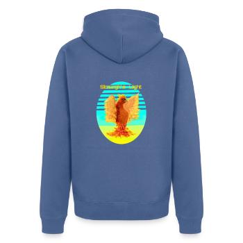 Leuchtend Orange Cyber Bird: Vogel der Glücklichen - Unisex Premium Bio Zip Hoodie - Taubenblau - Hinten - Nico (187cm)