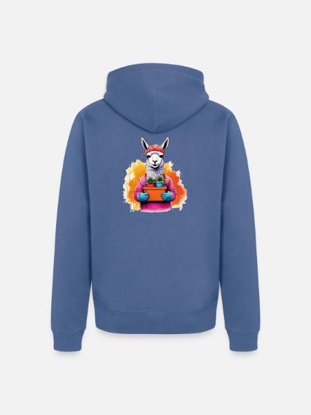 Lama mit Blumen im Topf - Unisex Premium Bio Zip Hoodie - Taubenblau