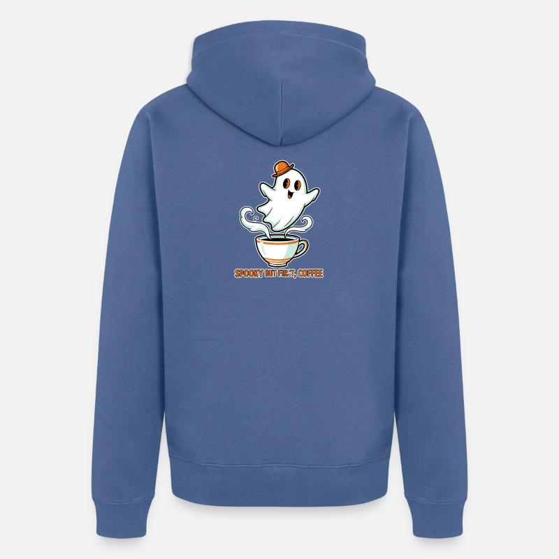 Fantôme effrayant avec café - Veste à capuche bio Premium Unisexe - bleu pigeon