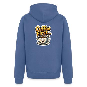 Coffee First - Unisex Premium Bio Zip Hoodie - Taubenblau - Hinten - Nico (187cm)