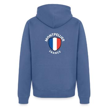 Montpellier France Shield - Unisex Premium Organic Zip Hoodie - stone blue - Back - Nico (187cm)
