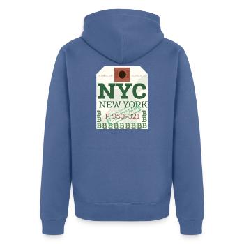 NYC Bold Passport Stamp - Unisex Premium Organic Zip Hoodie - stone blue - Back - Nico (187cm)