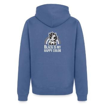 Schwarz ist mein fröhliches Farbeinhorn - Unisex Premium Bio Zip Hoodie - Taubenblau - Hinten - Nico (187cm)