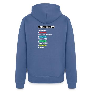 Mein perfekter Tag, an dem ich lustige Bücherwurm-Pläne lese, - Unisex Premium Bio Zip Hoodie - Taubenblau - Hinten - Nico (187cm)