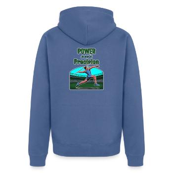 Speerwerwurf: Power Meets Precision - Unisex Premium Bio Zip Hoodie - Taubenblau - Hinten - Nico (187cm)
