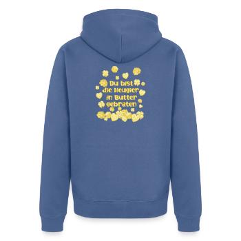 Du bist Neugier in Butter gebraten - Unisex Premium Bio Zip Hoodie - Taubenblau - Hinten - Nico (187cm)