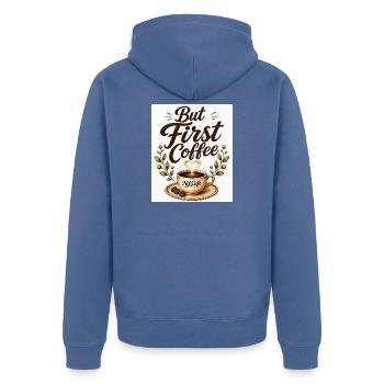 but_first_cafe - Unisex Premium Bio Zip Hoodie - Taubenblau - Hinten - Nico (187cm)