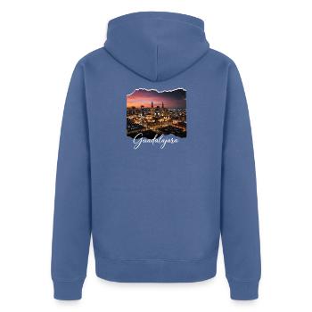 Nächtliche Guadalajara Skyline - Unisex Premium Bio Zip Hoodie - Taubenblau - Hinten - Nico (187cm)