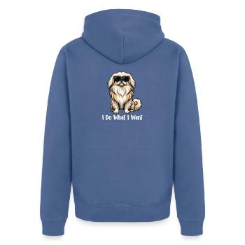 Ich mache, was ich will – Pekingesische Mama Peke Hund Papa - Unisex Premium Bio Zip Hoodie - Taubenblau - Hinten - Nico (187cm)