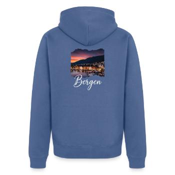 Bergen Harbour Evening - Unisex Premium Organic Zip Hoodie - stone blue - Back - Nico (187cm)
