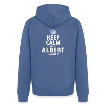ALBERT: Regel das. - Unisex Premium Bio Zip Hoodie - Taubenblau - Hinten - Nico (187cm)