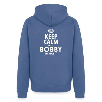 BOBBY: Kümmer dich darum. - Unisex Premium Bio Zip Hoodie - Taubenblau - Hinten - Nico (187cm)