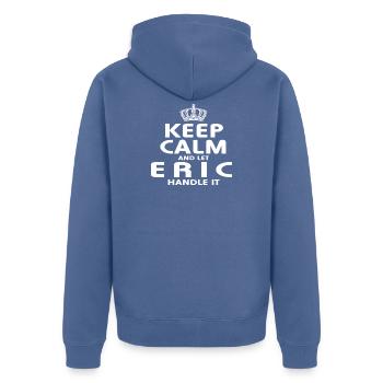 ERIC: Regeln Sie es - Unisex Premium Bio Zip Hoodie - Taubenblau - Hinten - Nico (187cm)