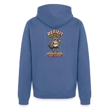 Defizit Deluxe – Wenig Kalorien, viel Drama - Unisex Premium Bio Zip Hoodie - Taubenblau - Hinten - Nico (187cm)