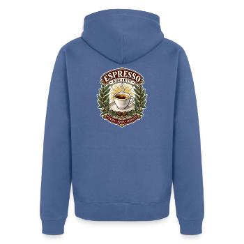 Espresso Society – Piccolo, Forte, Perfetto - Unisex Premium Bio Zip Hoodie - Taubenblau - Hinten - Nico (187cm)