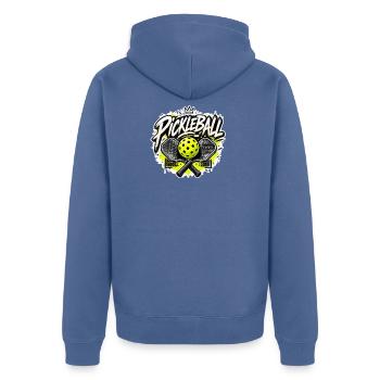 Pickleball Neon Yellow Splatter Crowned Script Art - Unisex Premium Bio Zip Hoodie - Taubenblau - Hinten - Nico (187cm)