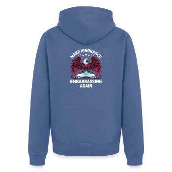 Ignoranz wieder peinlich machen Kritisches Denken - Unisex Premium Bio Zip Hoodie - Taubenblau - Hinten - Nico (187cm)