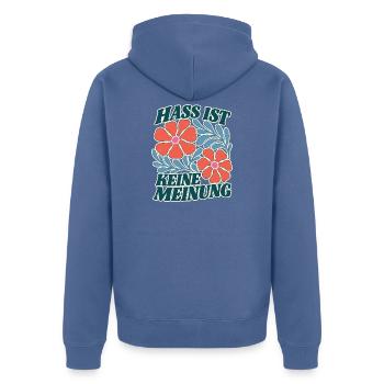 Hass ist keine Meinung Blumen Statement Shirt - Unisex Premium Bio Zip Hoodie - Taubenblau - Hinten - Nico (187cm)