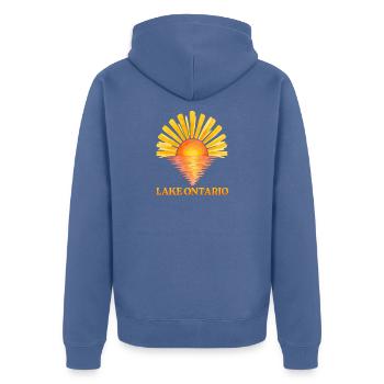 Lake Ontario Sonnenuntergang – Leben im See der Großen Seen - Unisex Premium Bio Zip Hoodie - Taubenblau - Hinten - Nico (187cm)