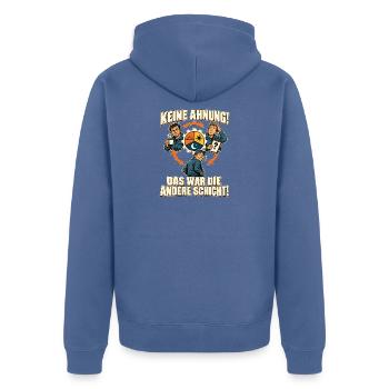 Schichtarbeit – Keine Ahnung, andere Schicht - Unisex Premium Bio Zip Hoodie - Taubenblau - Hinten - Nico (187cm)
