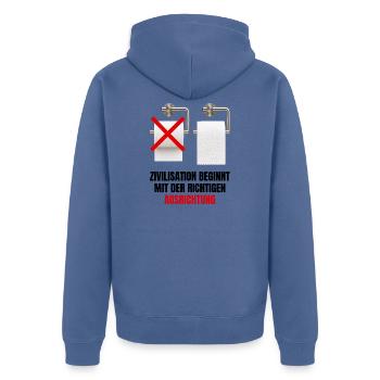 Zivilisation beginnt mit der richtigen Ausrichtung - Unisex Premium Bio Zip Hoodie - Taubenblau - Hinten - Nico (187cm)